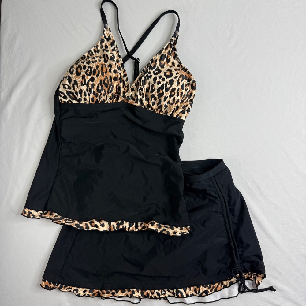 Daci Womens Leopard Print Tankini Set Black Swim Skirt Small V-Neck Ruched